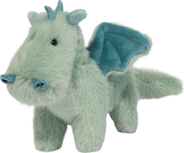 Plush John Dragon Muzzle toy with green-blue accents on a white background