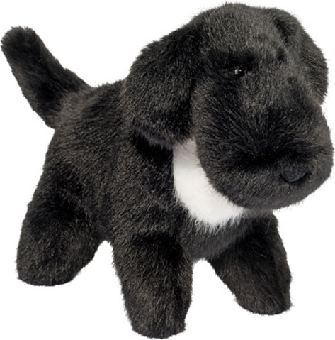 Plush toy Linda Lab Muzzle dog with black fur and a white chest on a white background
