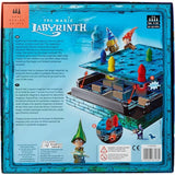The back of the 'The Magic Labyrinth' board game box, featuring colorful illustrations of the magical labyrinth, game rules, player information, and age rating on a blue background.