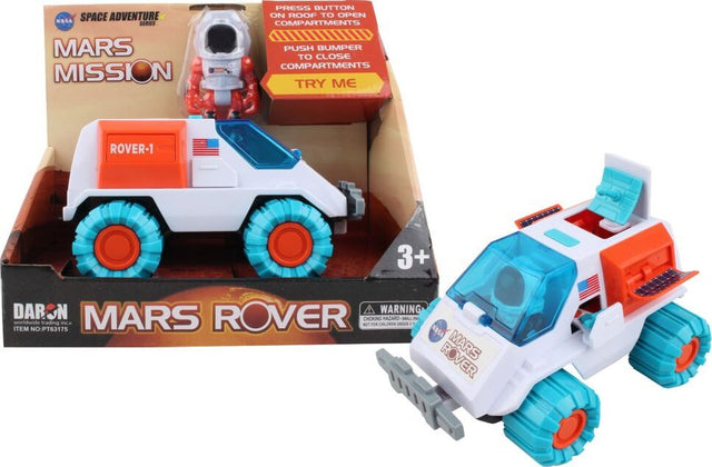 Toy Mars rover with packaging labeled 'Mars Mission' on a white background