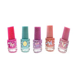 Set of five small nail polish bottles with colorful designs on a white background