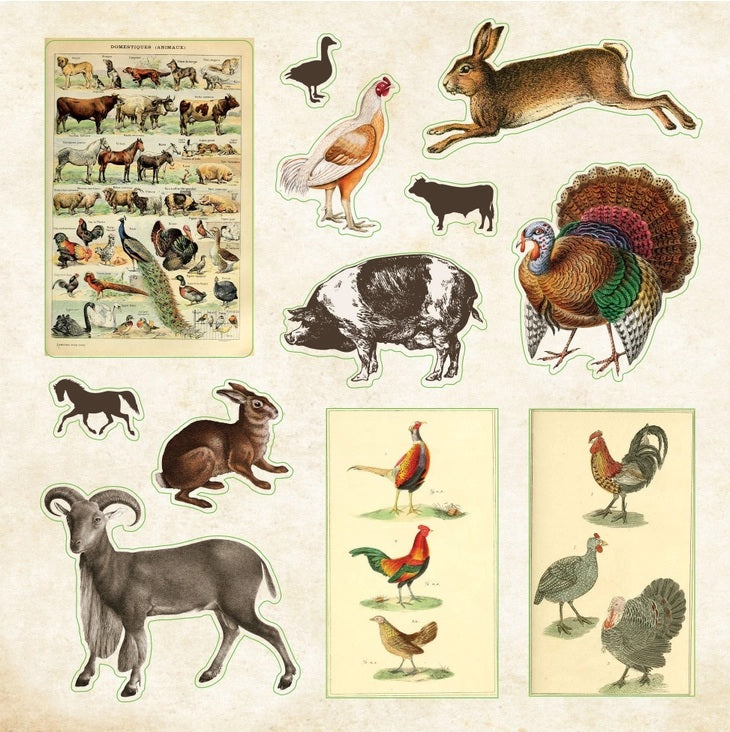 Collection of vintage-style animal stickers on a beige background