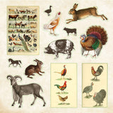 Collection of vintage-style animal stickers on a beige background