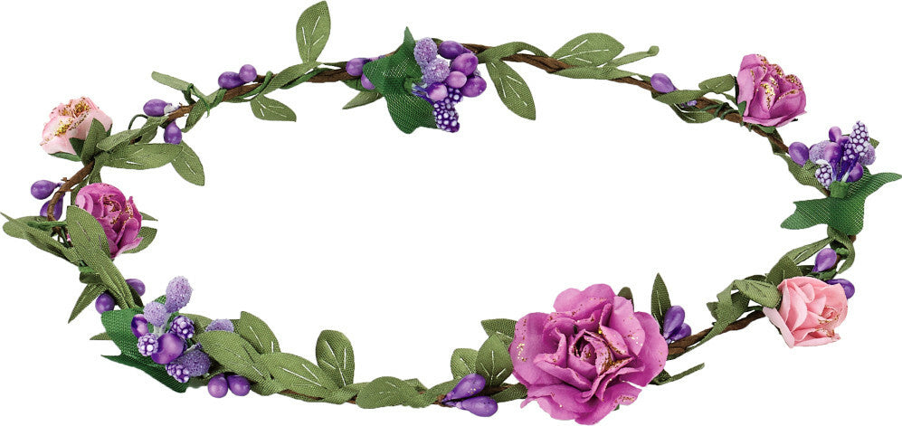 Flower Crown with pink, purple, and green flowers on a white background