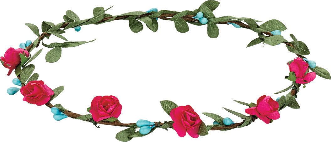 Flower Crown with pink flowers and green leaves on a white background