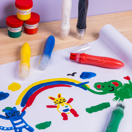 Colorful children's drawings on paper with Little Creatives 6 Jumbo Washable Squeeze Paintbrushes and paint containers.