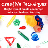 Colorful Little Creatives 6 Jumbo Washable Squeeze Paintbrushes with text about creative techniques and color discovery on a red background