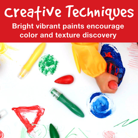 Colorful Little Creatives 6 Jumbo Washable Squeeze Paintbrushes with text about creative techniques and color discovery on a red background