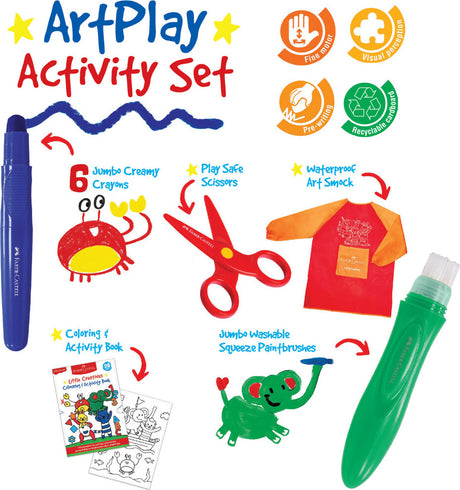 ArtPlay Activity Set with crayons, scissors, paintbrushes, and coloring book on a white background