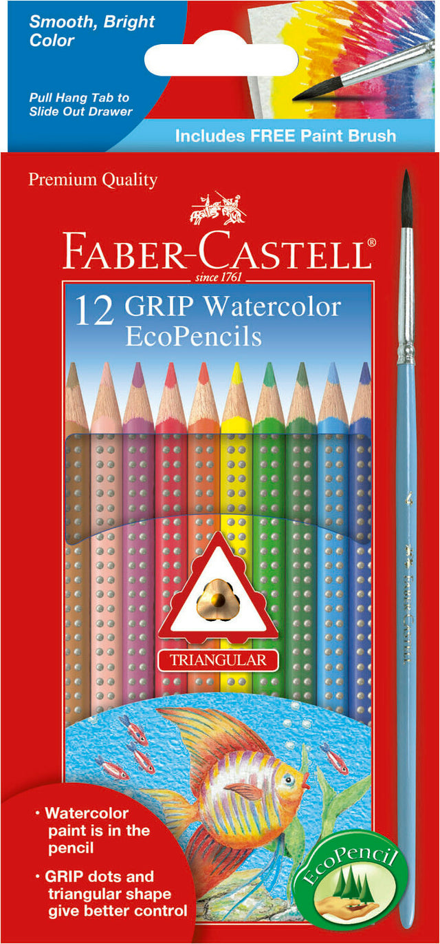 Faber-Castell watercolor ecoPencils packaging with colorful pencils and brand logo.