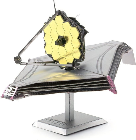 Metal model of the James Webb Space Telescope on a white background