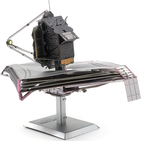 Metal model of the James Webb Space Telescope on a white background