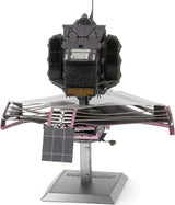 Metal model of the James Webb Space Telescope on a white background