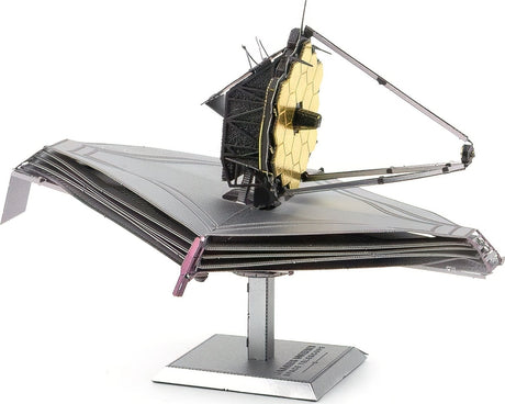Metal model of the James Webb Space Telescope on a white background