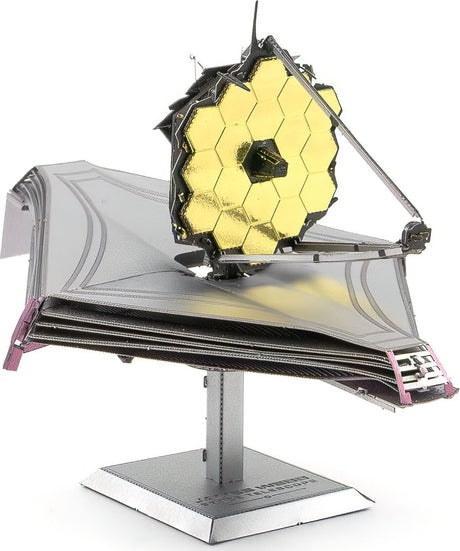 Metal model of the James Webb Space Telescope on a white background