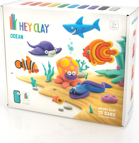 Box of Hey Clay ocean-themed air-dry clay set with colorful sea creatures and tools on a white background.
