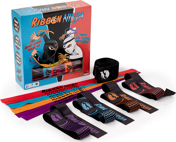 Ribbon Ninja Game with packaging and ribbons on a white background