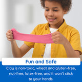 Child holding pink clay with text about its safety features on a white background