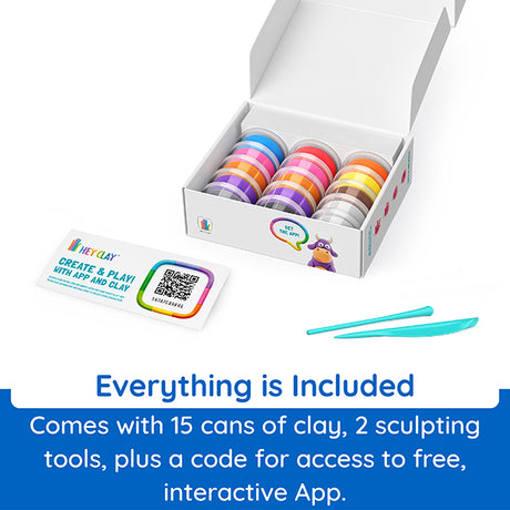 Box of colorful clay with sculpting tools and an app code on a white background