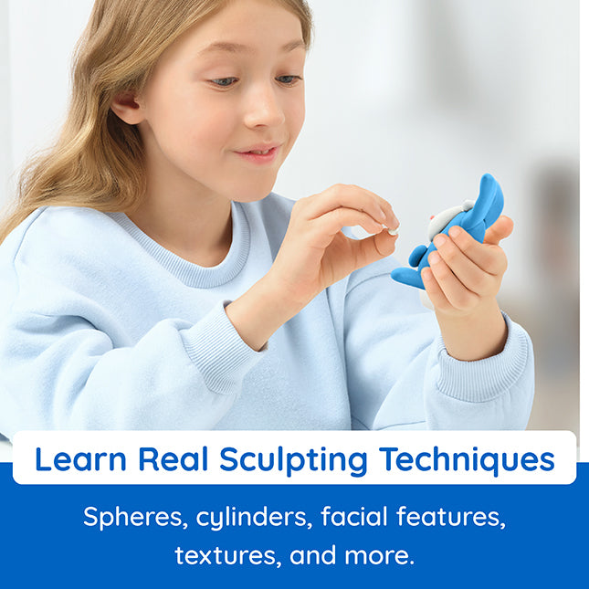 Child holding a blue sculpture tool with text about learning sculpting techniques.