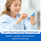 Child holding a blue sculpture tool with text about learning sculpting techniques.