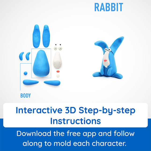Blue rabbit mold with step-by-step instructions and app download information on a white background