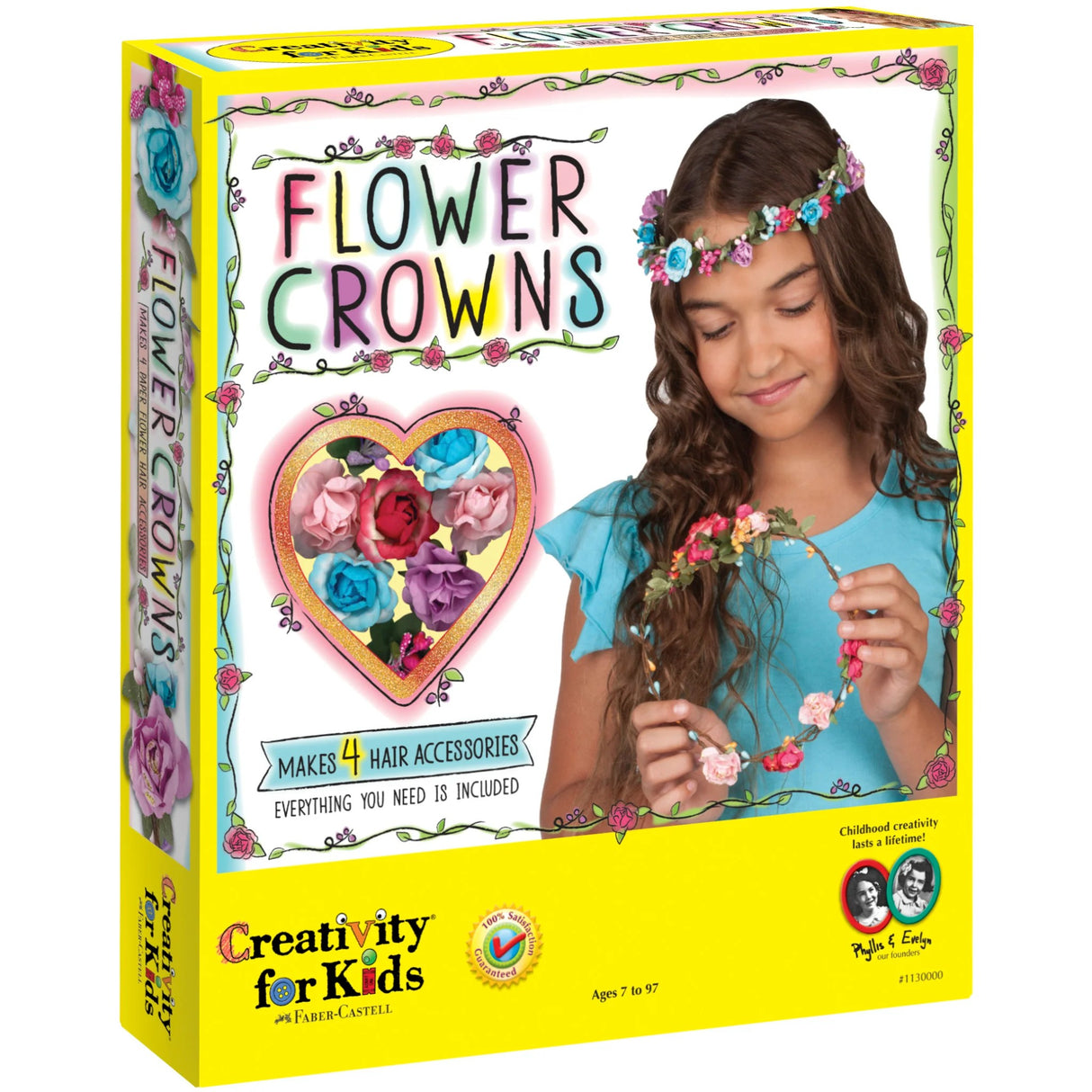Box of Creativity for Kids Flower Crowns craft kit with a girl wearing a flower crown.