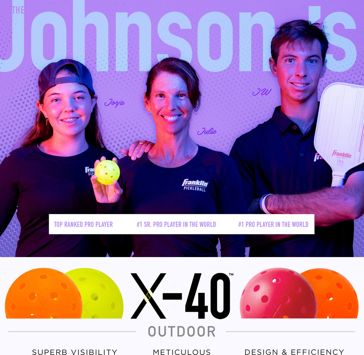 Three people posing with Activator Wood Paddle X-40 Set against a branded background, featuring Johnson's and Franklin Sports logos.
