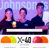 Three people posing with Activator Wood Paddle X-40 Set against a branded background, featuring Johnson's and Franklin Sports logos.
