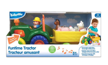 Fun Time Tractor set with animals and child on packaging, featuring Kidoozie brand.