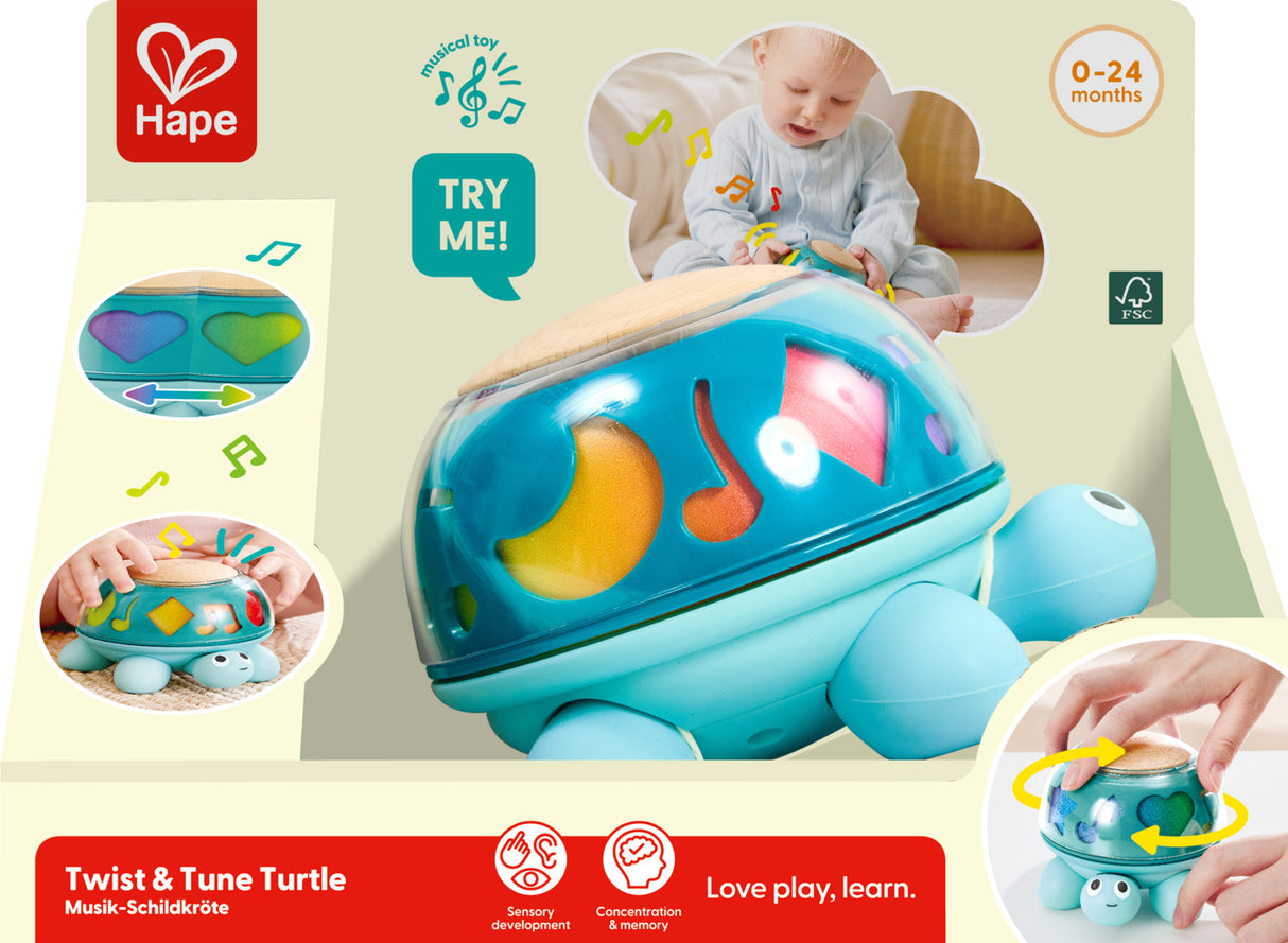 Hape Twist & Tune Turtle toy with packaging and baby playing with it