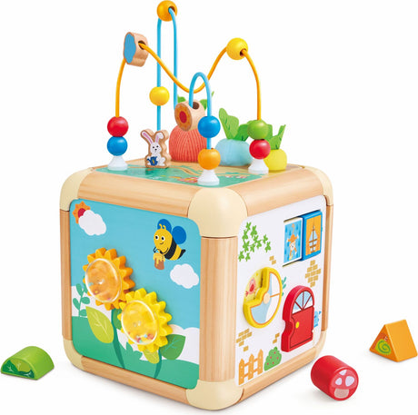 Colorful children's Green Thumbs Activity Cube with various educational elements on a white background