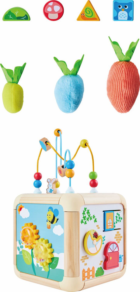 Children's Green Thumbs Activity Cube with colorful toys on a white background