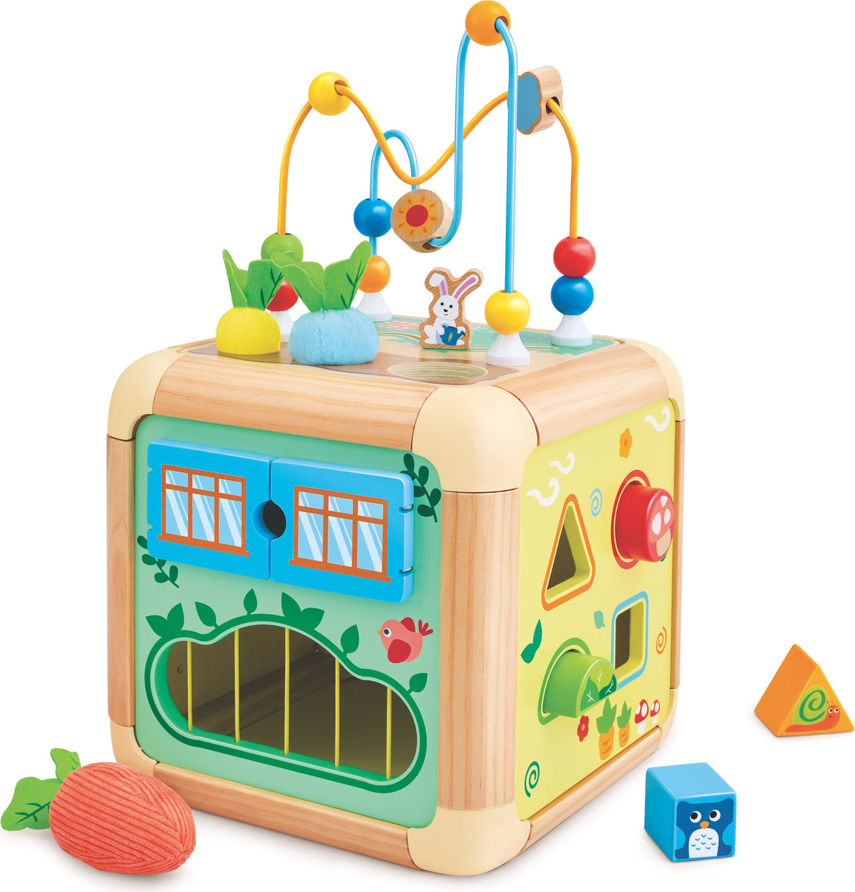 Wooden toy Green Thumbs Activity Cube with colorful beads and shapes on a white background