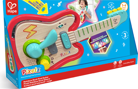 Toy Rainbow Rock Guitar (Pixelz) packaging with Hape and Pixelz branding on a white background