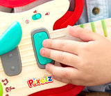 Child's hand interacting with a colorful toy Rainbow Rock Guitar (Pixelz), featuring the Pixelz brand.
