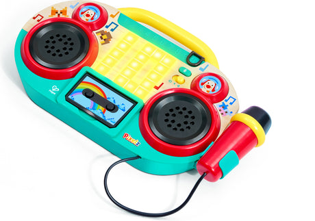 Colorful toy Sing-Along Pixel Boombox (Pixelz) with microphone on a white background