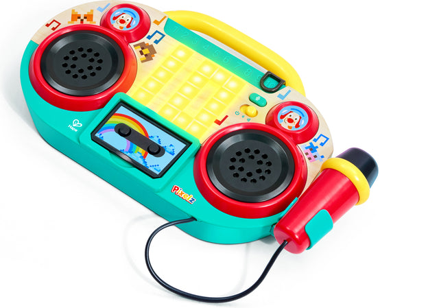Colorful toy Sing-Along Pixel Boombox (Pixelz) with microphone on a white background
