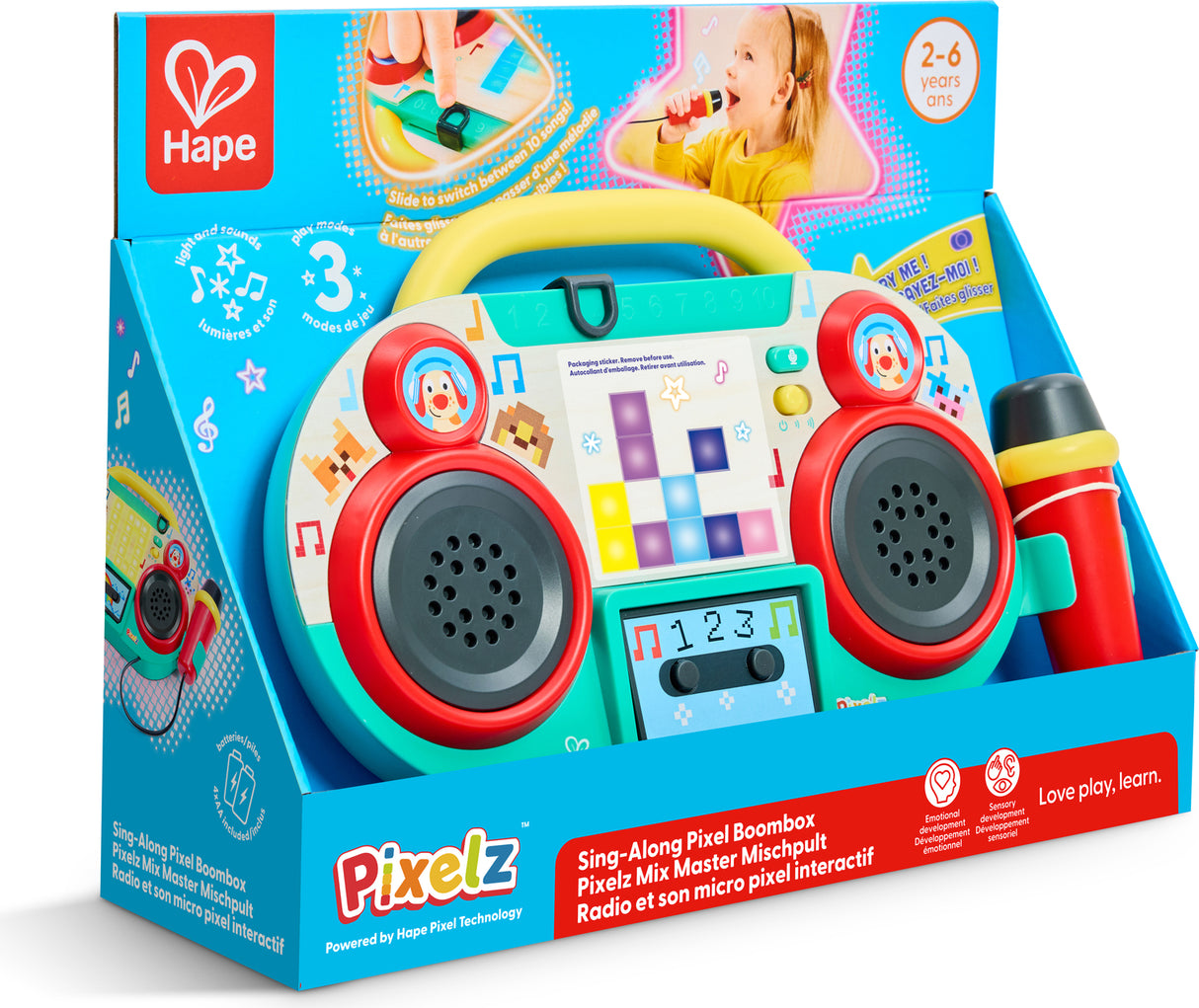 Toy Sing-Along Pixel Boombox (Pixelz) in its packaging with Hape branding