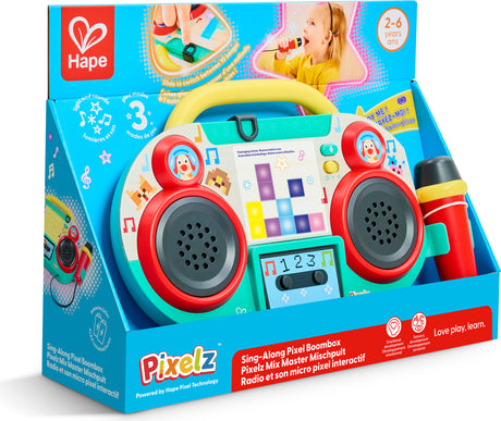 Toy Sing-Along Pixel Boombox (Pixelz) in its packaging with Hape branding