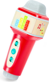 A red children's toy  Popstar Microphone (Pixelz) with a  colorful LED-style equalizer display, and three turquoise buttons on the handle, shown on a white background.