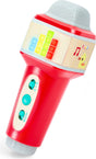 A red children's toy  Popstar Microphone (Pixelz) with a  colorful LED-style equalizer display, and three turquoise buttons on the handle, shown on a white background.