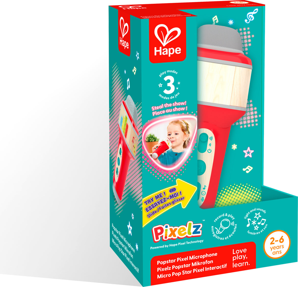 Hape Pixelz Popstar Pixel Microphone toy in its retail packaging, featuring a red and white microphone design on a teal box with colorful graphics.