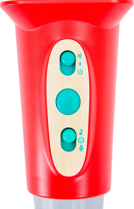 Close-up of a red handheld Popstar Microphone (Pixelz) with a light wood control panel featuring three turquoise buttons and small printed icons, isolated on a white background.