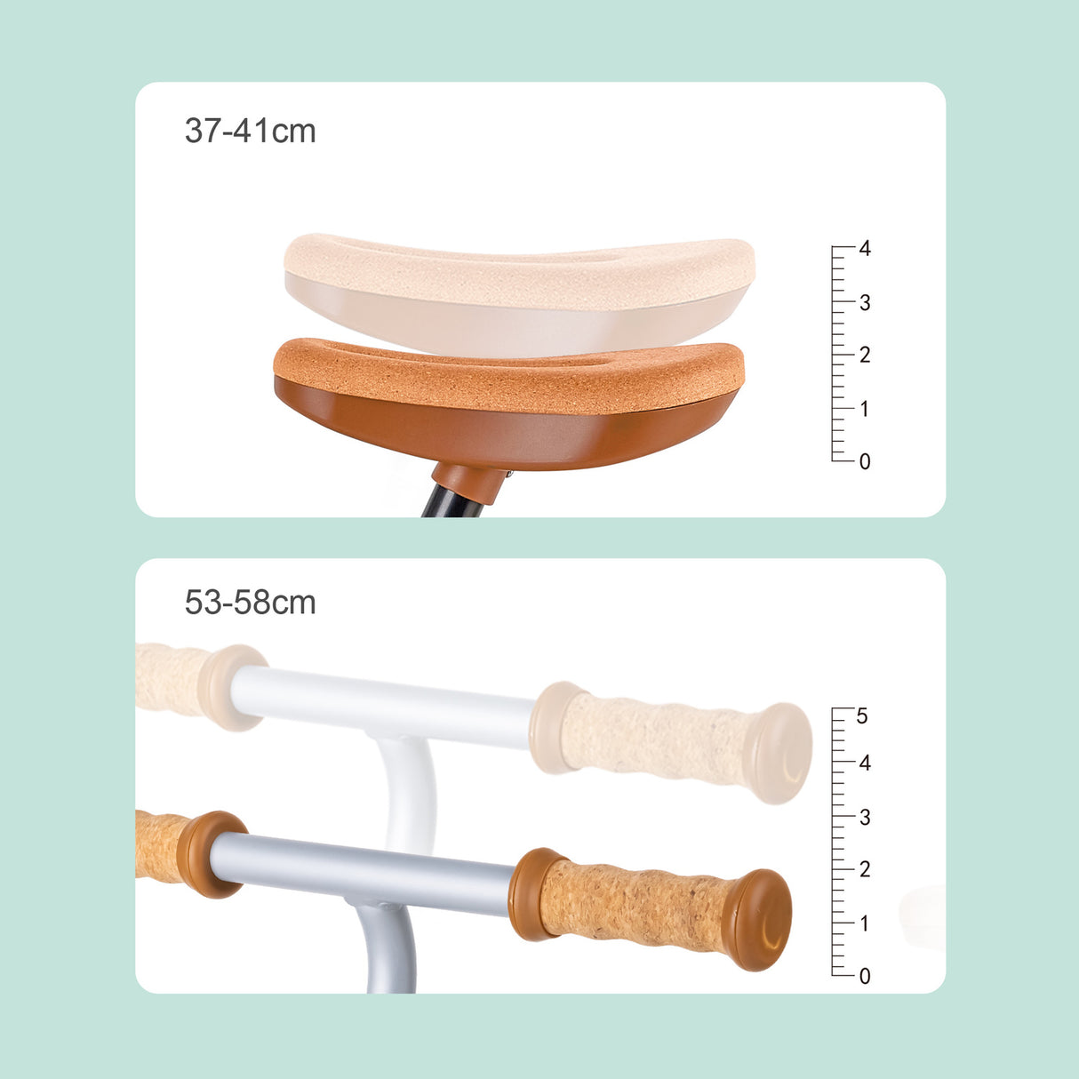 Measurement chart showing seat height and handlebar length for a child's bike on a light green background.