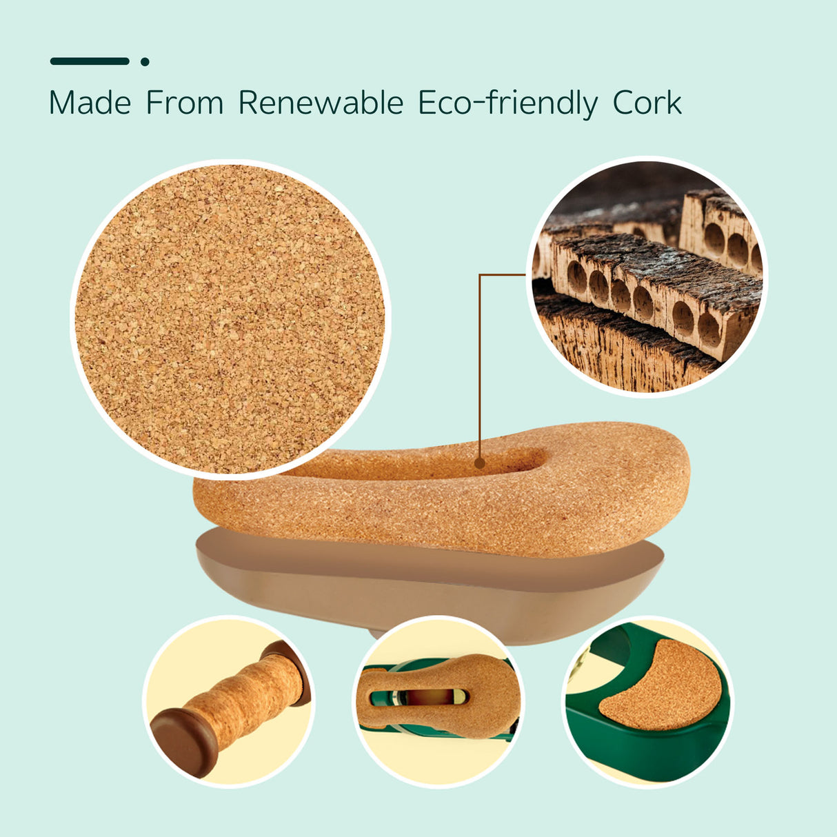 Cork Learn To Ride Balance Bike seat,  with eco-friendly features on a light blue background