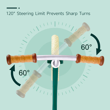 Children's Learn To Ride Balance Bike, Green with steering limit mechanism on a light green background