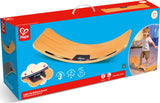 Hape light-up balance board packaging with a child using the product on the right side.