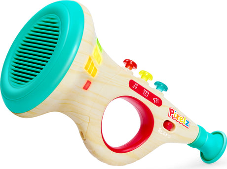 Colorful toy Musical Maestro Trumpet (Pixelz) with buttons and a speaker on a white background