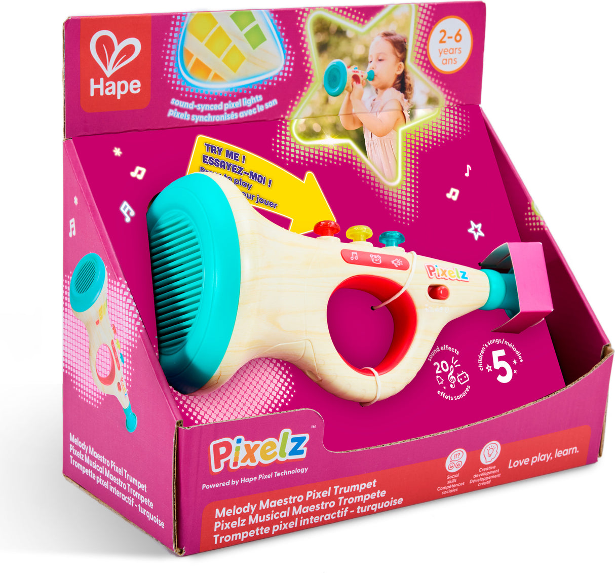 Pixelz toy trumpet packaging with Hape logo on a pink background